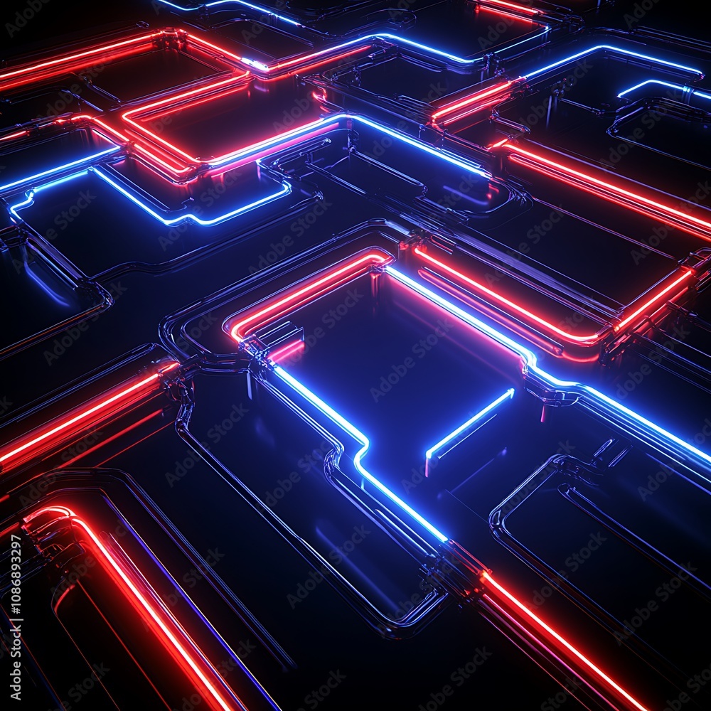 Poster abstract glowing neon lines creating a maze-like pattern with vibrant colors illuminating a dark sur