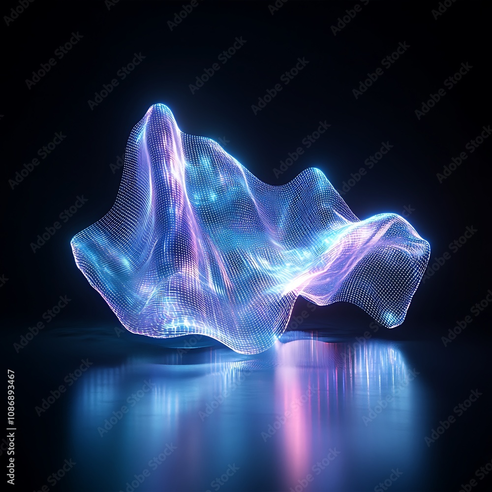 Poster abstract glowing wave of particles and light in a dark space representing data visualization, techno