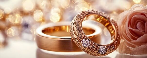 Elegant Pair of Golden Wedding Rings with Intricate Designs, Symbolizing Love and Commitment, Perfect for Celebrating Eternal Bonds and Special Moments Together