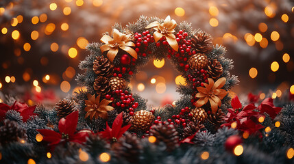 Festive Christmas Wreath with Pinecones and Red Decorations