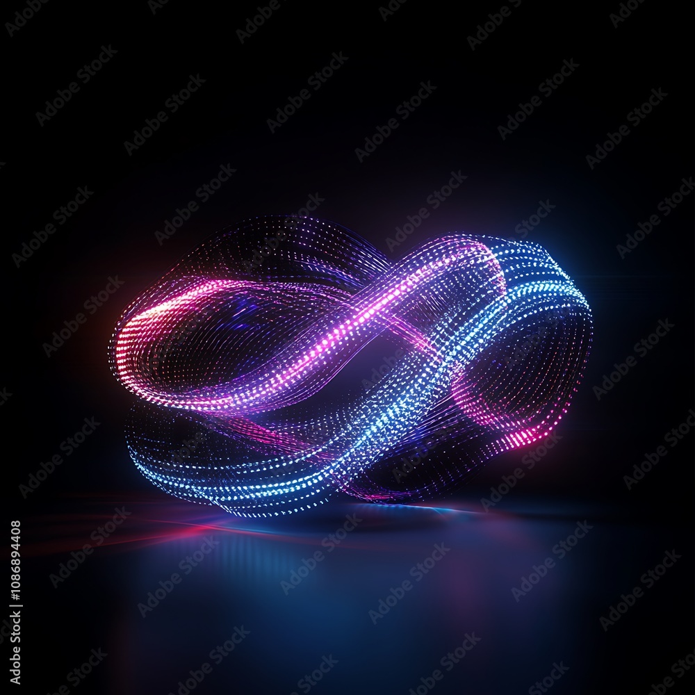 Poster abstract light waves in motion with colorful particles, creating a dynamic infinity shape against a 