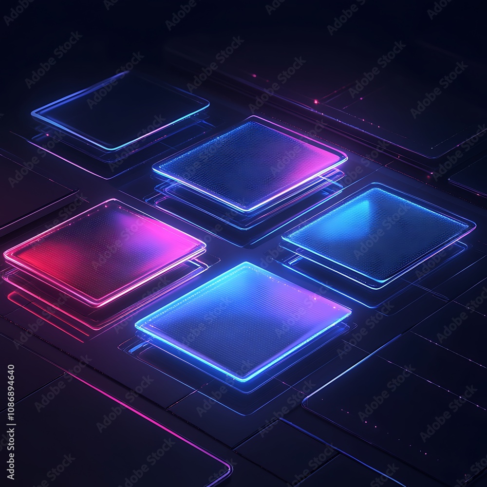 Poster abstract neon computer circuits with glowing squares on a dark background, perfect for technology, d