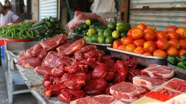 fresh halal food and grocery. A vibrant market stall displaying fresh meats and colorful fruits, showcasing a variety of produce typical of a local grocery setting. - Powered by Adobe