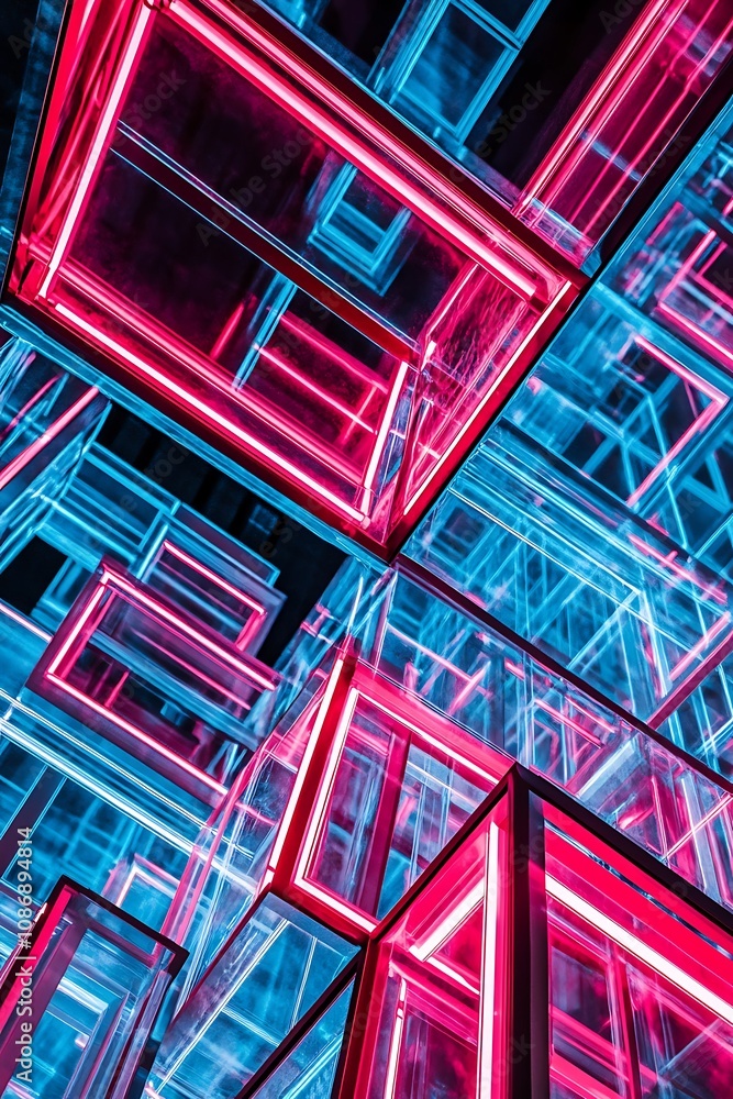 Poster Abstract Neon Cube Structures with Vibrant Blue and Pink Illuminations Creating a Futuristic and Dynamic Atmosphere in Artistic Design