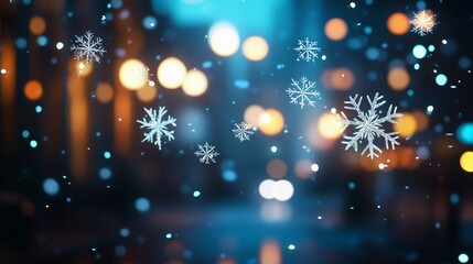 Naklejka premium On a blurred background, snowflakes are decorated with street lights at night 