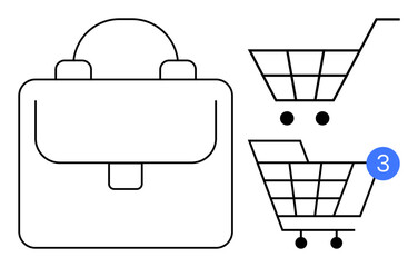 Business briefcase with two shopping carts, one showing a notification badge. Ideal for e-commerce, retail, business, shopping, notifications, online stores and business tools. Line metaphor