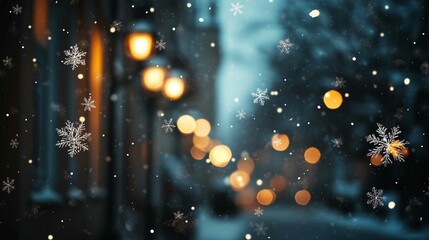 Naklejka premium On a blurred background, snowflakes are decorated with street lights at night 