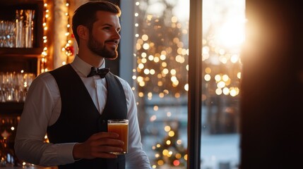 Elegant Bartender Serving Drink in Festive Ambient Evening
