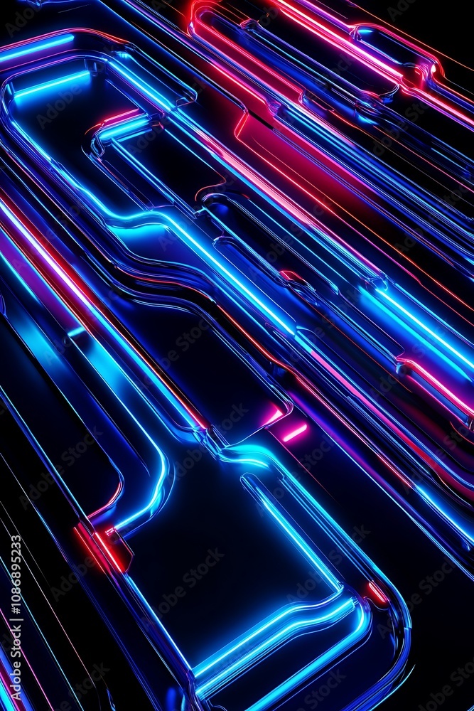 Poster abstract neon light trails in shades of blue and pink creating a futuristic and dynamic visual exper