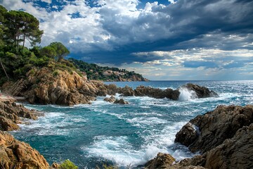 Serene Seascape: Waves Crash Against Rocky Coastline Under Dramatic Skies