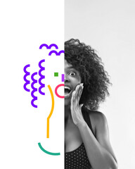 Half-portrait of shocked happy woman, with one side artistically replaced by colorful geometric...