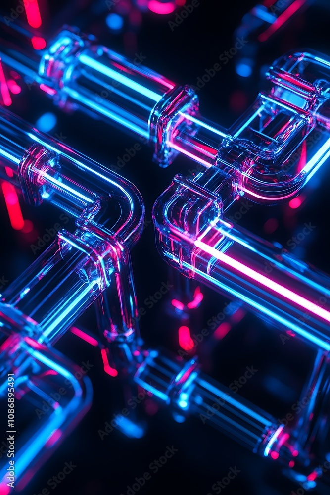 Aufkleber abstract neon pipe structures in vibrant colors, futuristic design with illuminated tubes, high-tech