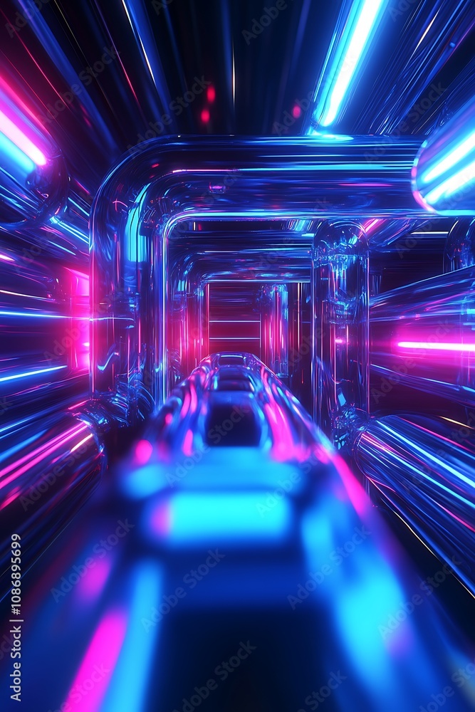 Poster abstract neon tunnel of light with vibrant blue and pink reflections creating a futuristic and dynam
