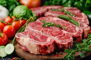 fresh halal food and grocery. Fresh cuts of marbled beef steak arranged on a wooden board, surrounded by vibrant vegetables like tomatoes, cucumbers, and herbs.