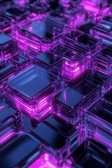 Obraz premium Abstract representation of glowing transparent blocks in a futuristic layout with vibrant purple and black colors, perfect for technology or digital themes