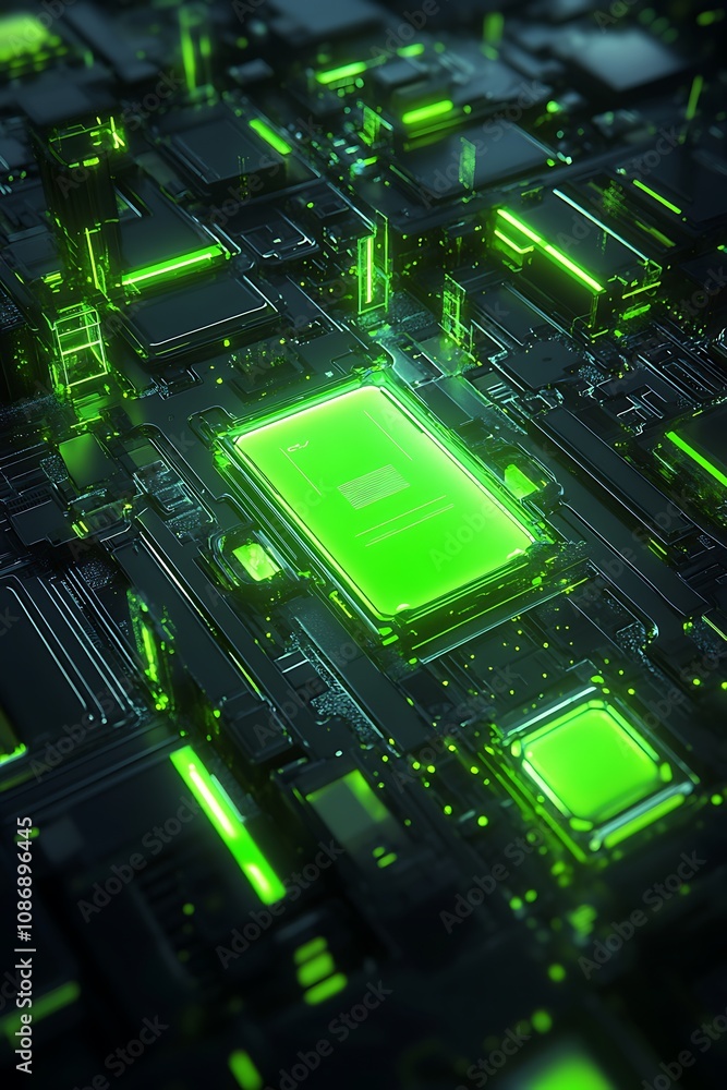 Poster abstract technology background featuring green illuminated circuit board with microchips and futuris