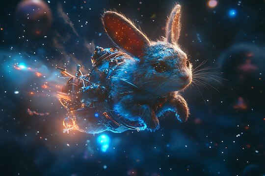 A whimsical rabbit in space, equipped with futuristic gear, floating through a colorful cosmos.