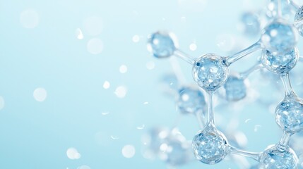 Blue molecular structure, intricate design with transparent elements, set against a soft blue backdrop, highlighting scientific exploration and innovation.