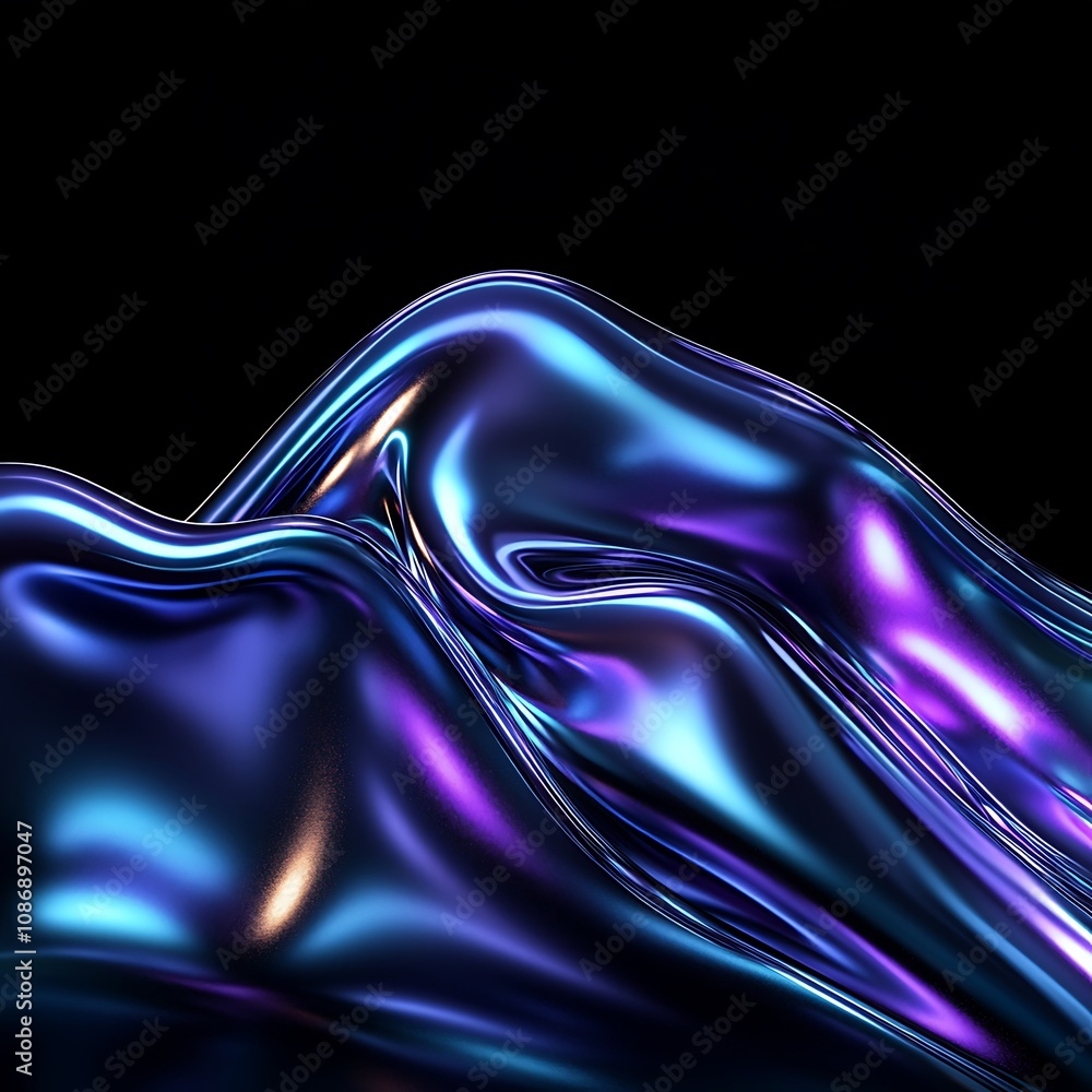 Poster abstract wave form with vibrant colors in a fluid motion displaying smooth curves and reflections ag