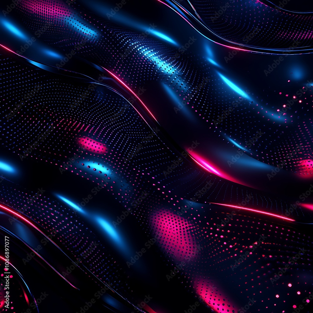 Poster abstract wave pattern in deep blue and vibrant pink with glowing dots and smooth curves, perfect for