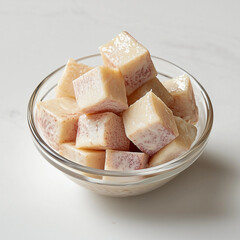 yam or taro cube in a small glass bowl