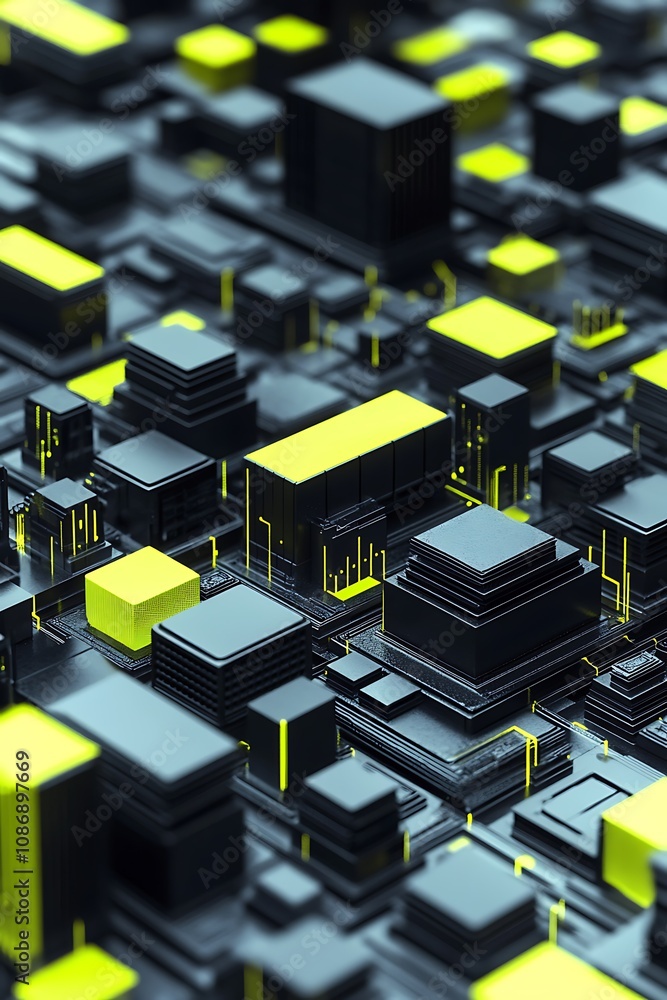 Poster abstract representation of high-tech microprocessors showcasing a futuristic cityscape with vibrant 