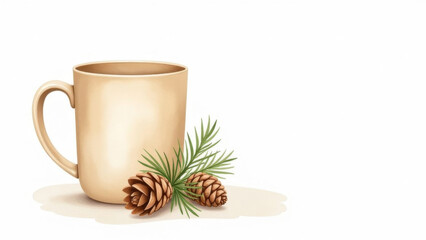 Watercolor painting of a beige mug with a pine cone design, with empty space for text on the right. The concept of Christmas, New Year. Banner.