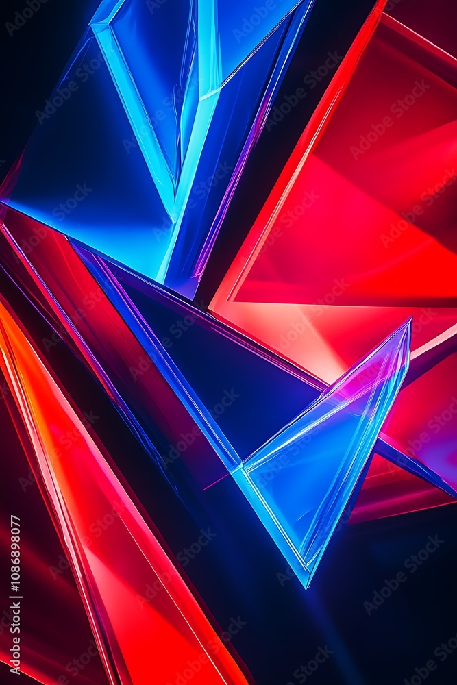 Poster abstract geometric shapes in vibrant blue and red light, creating an eye-catching visual with sharp 