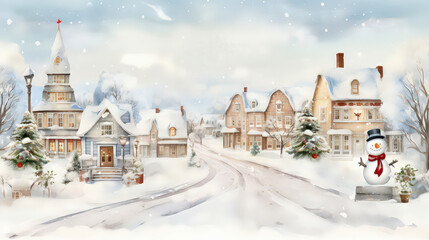 Fototapeta premium Watercolor small village in vintage style with snow falling in winter season. Background design for invitation, card, social post, cover.