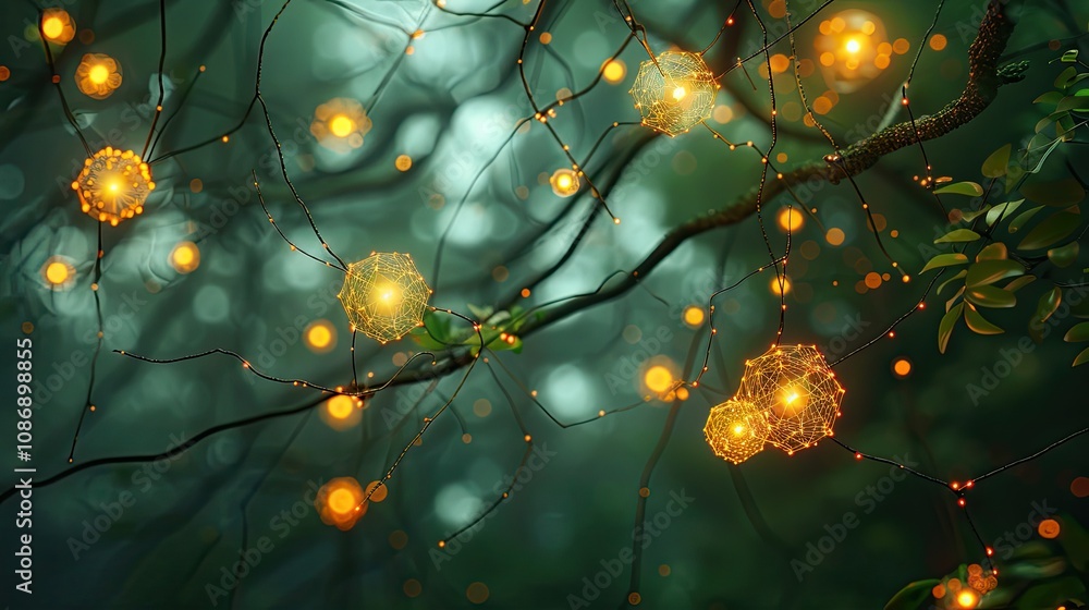 Poster digital network of interconnected glowing nodes