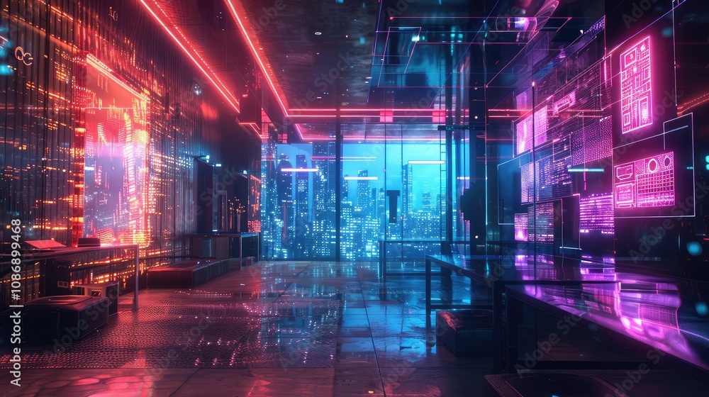Poster digital workspace with floating holograms and light trails