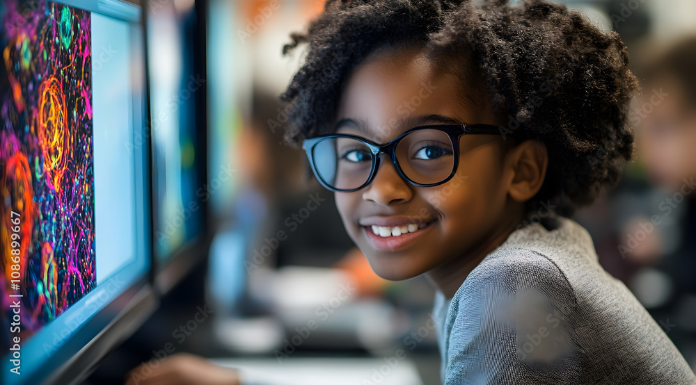 Poster a young girl with curly hair and glasses smiles at the camera while working on a computer displaying