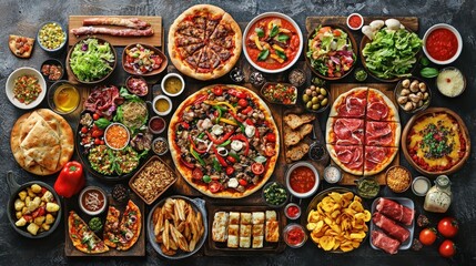Big Assortment of Delicious foods top view collection. Set of Many Different foods plates. tofu salad, beef steak, Italian pizza, crab soup, fish and chips, grilled chicken. Huge Food menu set.