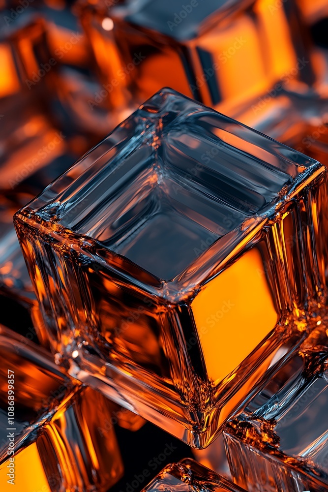 Poster close-up of crystal clear ice cubes glimmering in bright orange glow, capturing light and creating s