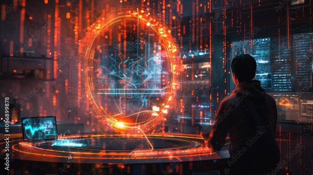 Poster digital workspace with floating holograms and light trails