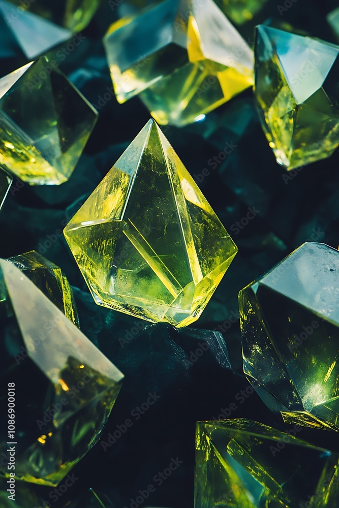 Poster close-up perspective of yellow crystal shapes reflecting natural light in a dark setting with soft f