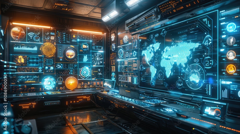 Poster digital workspace with floating holograms and light trails