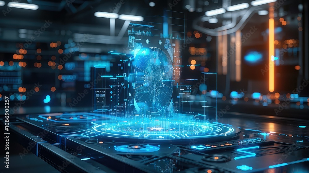 Poster digital workspace with floating holograms and light trails