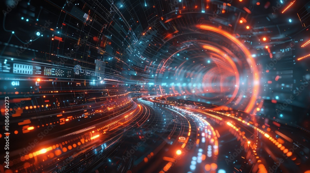 Poster digital workspace with floating holograms and light trails