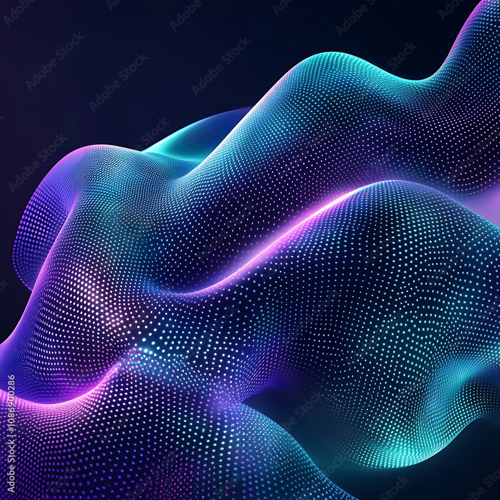 Poster colorful abstract digital wave pattern with fluid curves and dots, perfect for backgrounds and visua