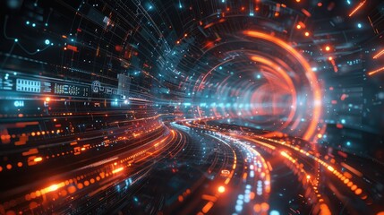 Obraz premium Digital workspace with floating holograms and light trails