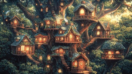 Fototapeta premium Enchanting Treetop Village A whimsical illustration of a cluster of cozy homes nestled within the branches of a giant tree.