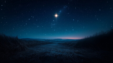Scenic view of Star of Bethlehem during holiday, Epiphany, over dark field, cosmic night sky
