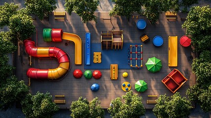 Aerial View of a Colorful Children's Playground A Sunny Day in the Park.