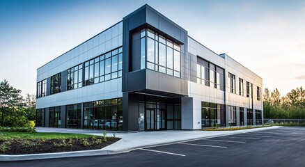 A photograph of an industrial building with a modern facade