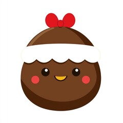 Cute Cartoon Christmas Pudding with Red Bow and White Icing
