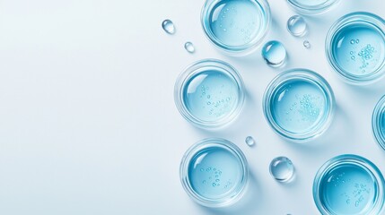 Floating Petri Dishes in Water, Laboratory Glassware Displayed on White Background, Symbolizing Natural Medicine and Organic Skin Care Research, Top View Perspective