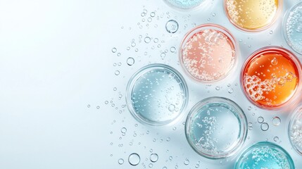 Floating Petri Dishes on Water, showcasing laboratory glassware for natural medicine and cosmetic research, emphasizing bio science and organic skin care products in a minimalist setting.
