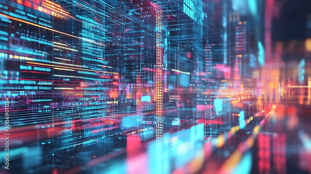 Aufkleber abstract digital cityscape: neon-lit data streams and code structures