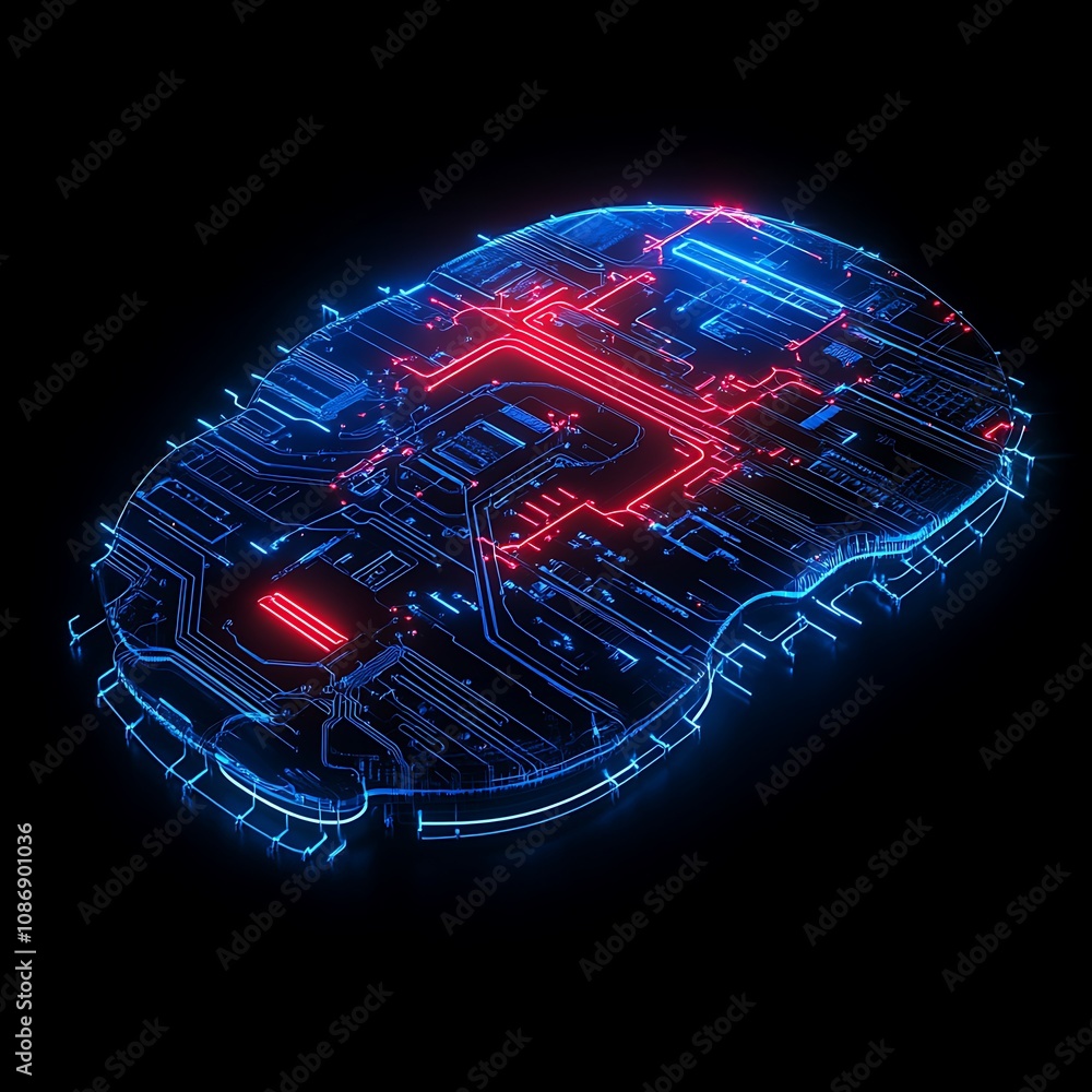 Poster digital circuitry representation of a computer mouse featuring neon blue and red lights on a dark ba